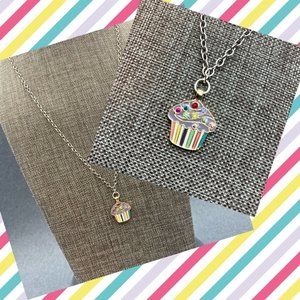 Multicolor Cupcake Pendant Necklace Enamel Rhinestone Silver Chain Barbie Soft G